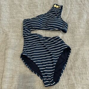 J. Crew Dark Blue Striped Swimsuit with Metallic Buttons